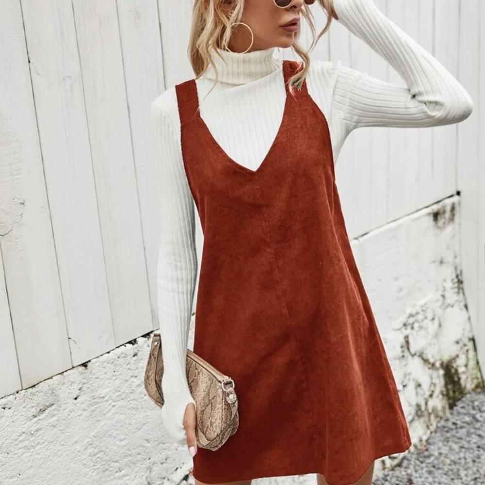 SHEIN, Corduroy Solid Overall Dress, Rust Brown, small